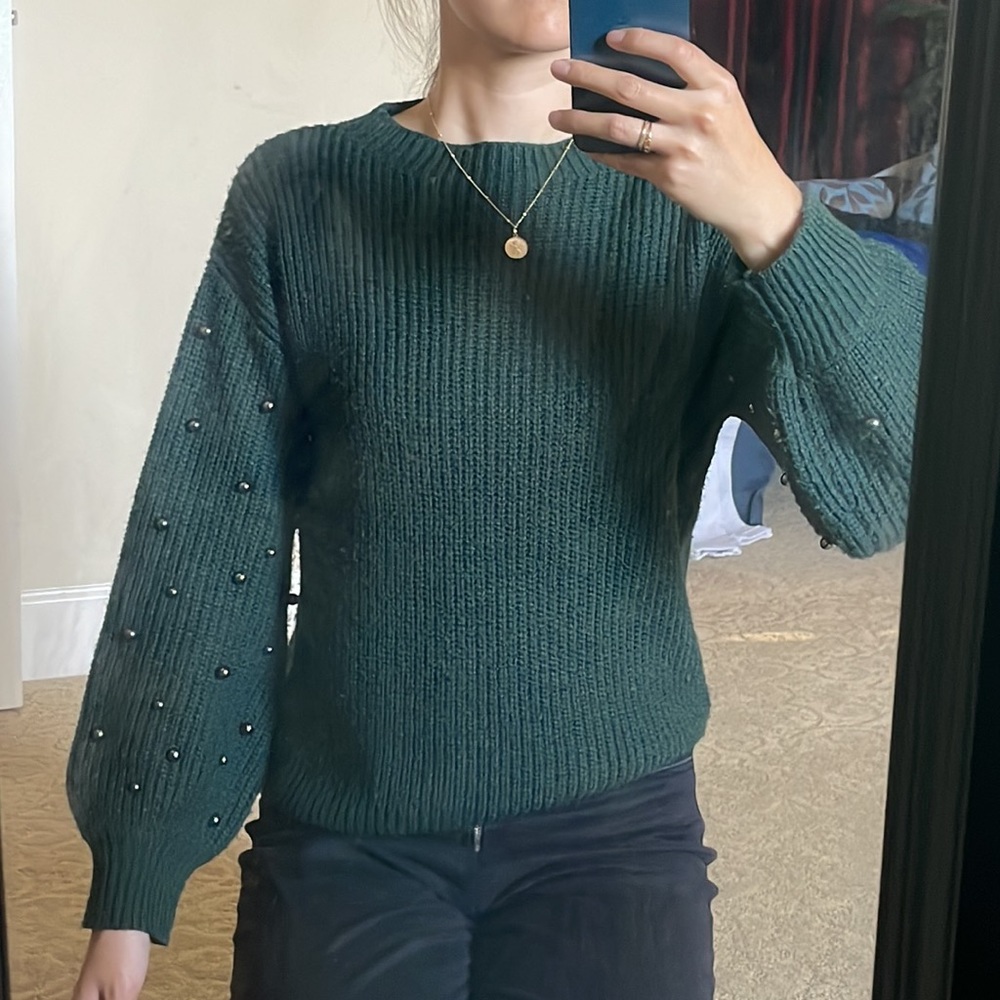 Green mock neck sweater with beaded sleeves
